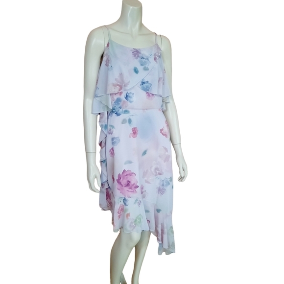 BADGLEY Mischka for Le Tote Dress size 6 Lavender Floral Hi Lo Hem Ruffle Detail - Picture 2 of 11
